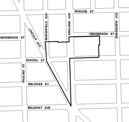 Lincoln/Belmont/Ashland TIF district, roughly bounded on the north by Henderson Street, Belmont Avenue on the south, an area between Ashland and Greenview avenues on the east, and Marshfield Avenue on the west.